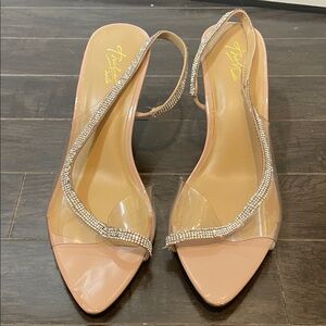 Thalia Sodi Transparent Blush Heels with Rhinestone Straps